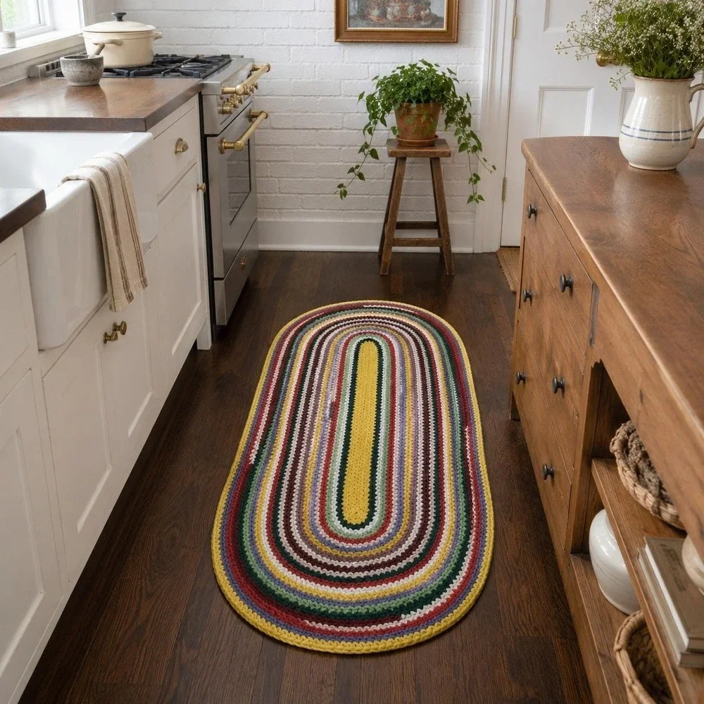 Vintage Crochet Rag Rug Oval Multicolor Striped Cottagecore Farmhouse Mat 49x23